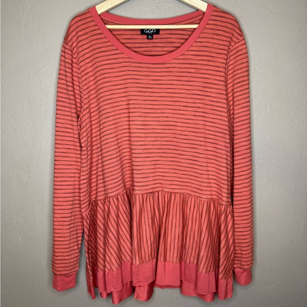Giglo Womens Coral Long Sleeve Peplum/Babydoll Top Sz Large Feminine Whimsy Boho